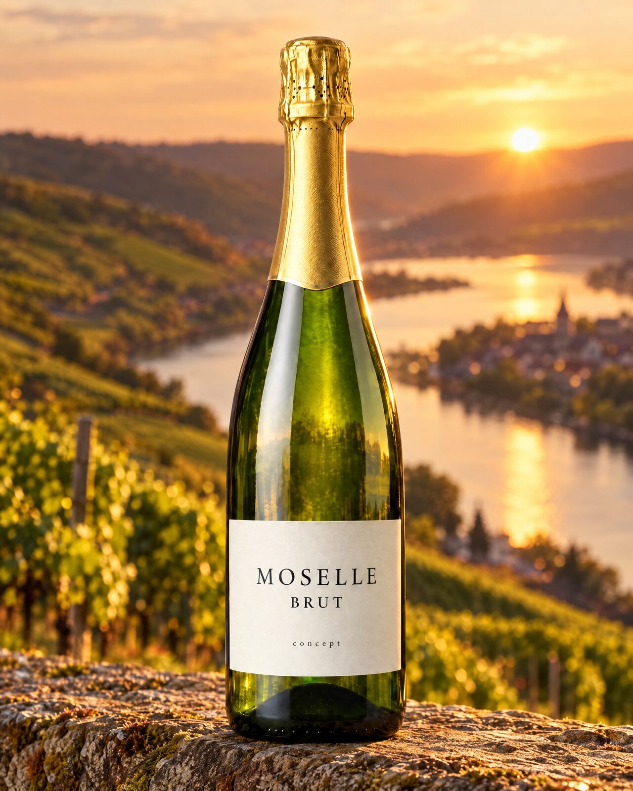 A Moselle sparkling wine, from studio bottle to vineyard sunset — Lux Photo Pro